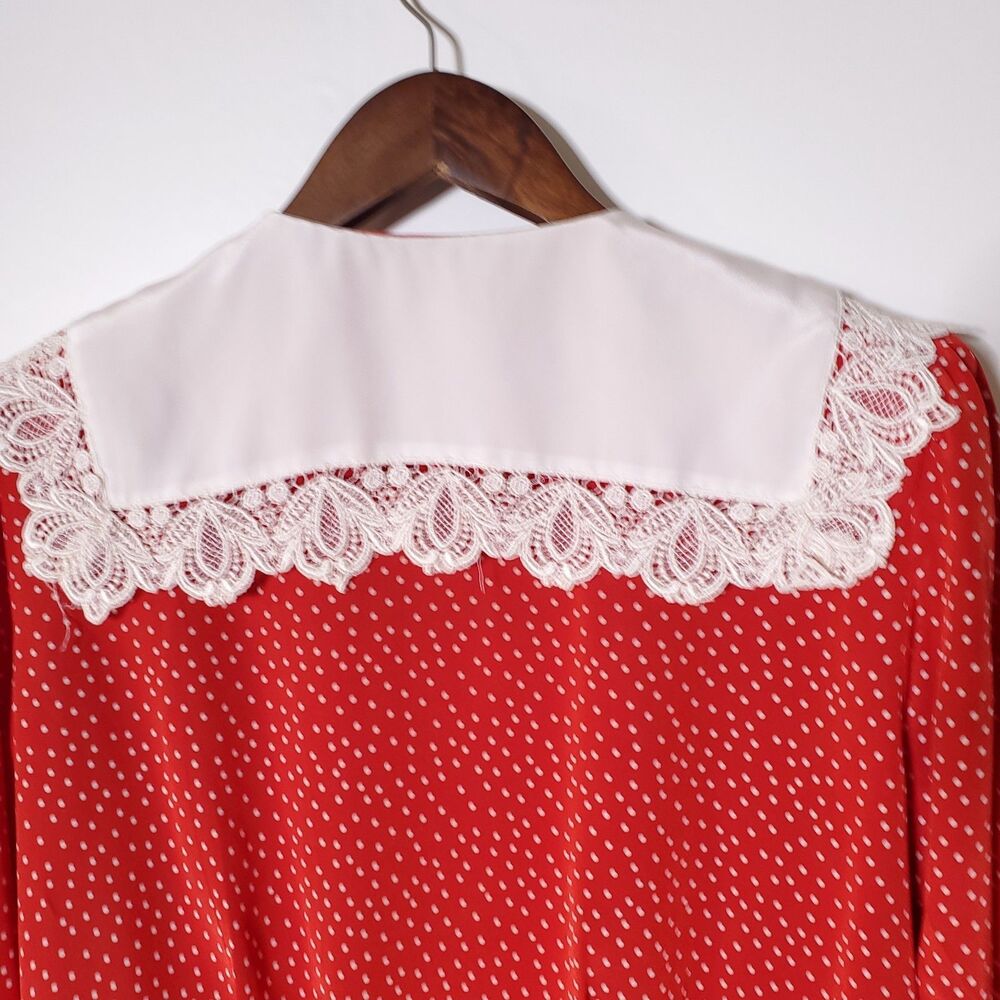 80s 70s Vintage Polka-Dot Lace Shawl Collar Skirt Set 2 Piece - Picture 6 of 15